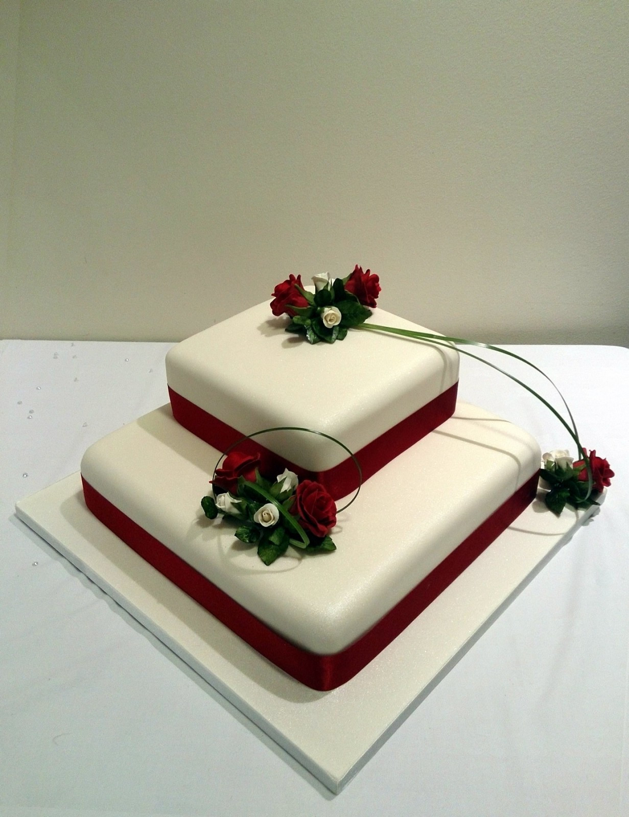 2 Tier Square Wedding Cakes
 2 Tier Square Stacked Wedding Cake With Deep Red Rose