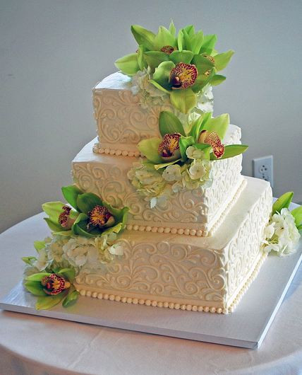 3 Tier Square Wedding Cakes
 Three tier ivory square wedding cake with fresh flowers