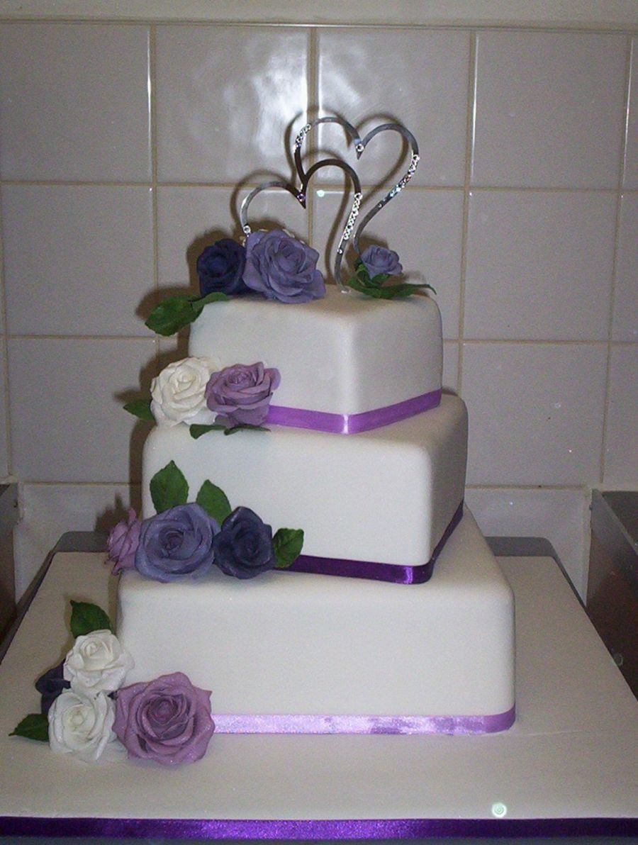3 Tier Square Wedding Cakes
 Purple lilac Roses Square 3 Tier Wedding Cake