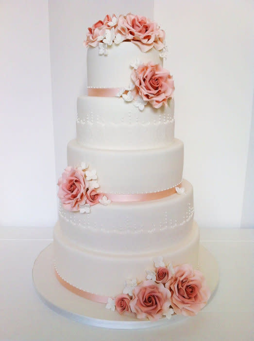 5 Tier Wedding Cakes
 Roses and laces 5 tier Wedding Cake cake by Bella s