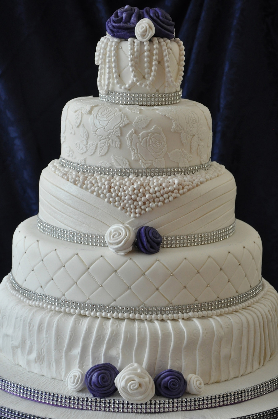 5 Tiered Wedding Cakes
 5 Tier Cake With Lace Effects Ribbon Roses And Pearls