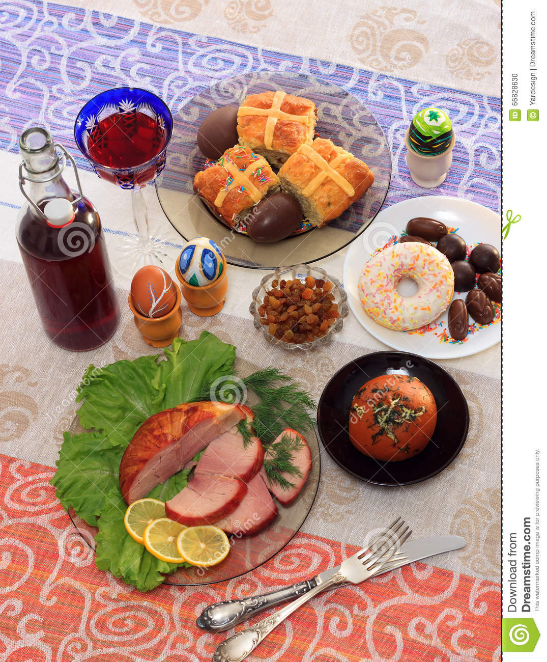 A Popular Easter Dinner
 Traditional Easter Dinner Set With Sliced Meat With Lemon