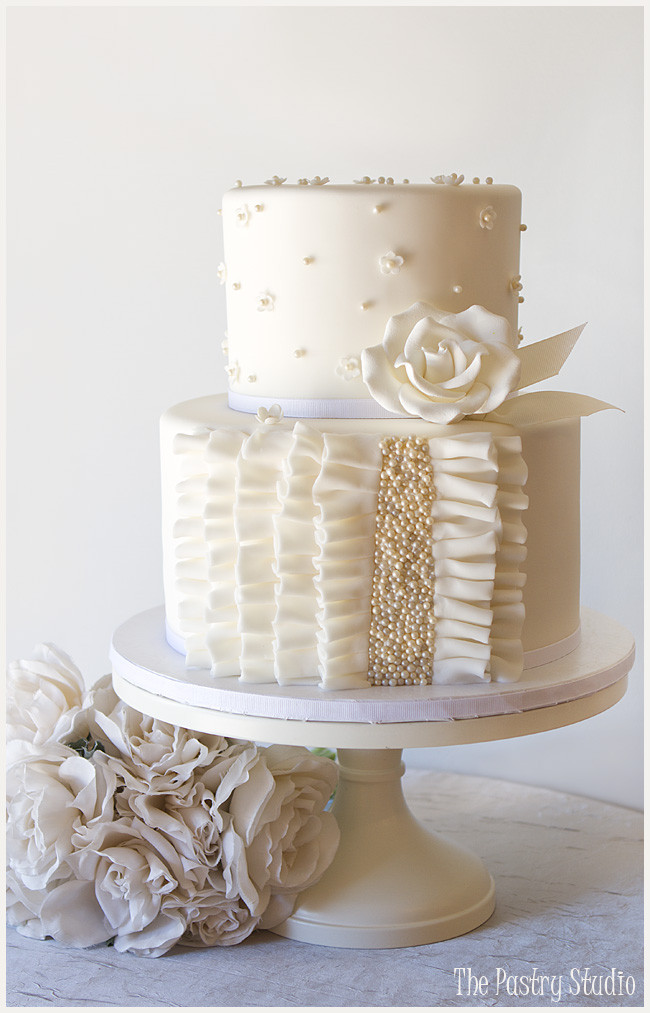 All White Wedding Cakes
 A Petite all White Wedding Cake with Ruffle and Pearls by