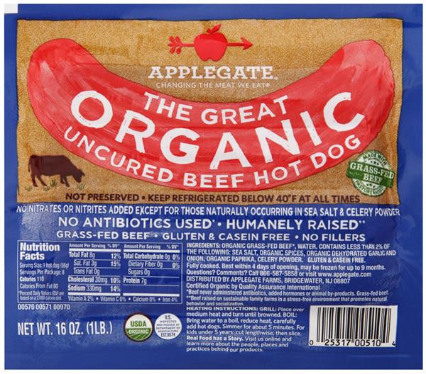Applegate Organic Hot Dogs
 Applegate Beef Hot Dog Uncured Organic