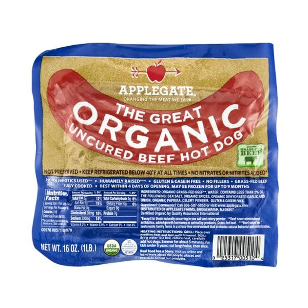 Applegate Organic Hot Dogs
 Applegate Beef Hot Dog Uncured Organic