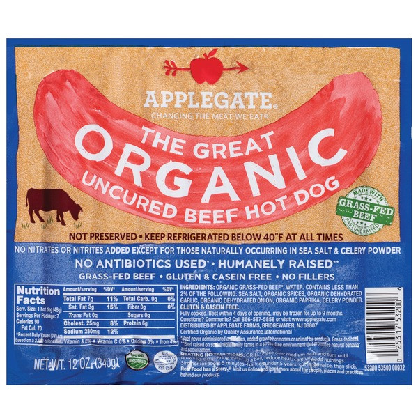 Applegate Organic Hot Dogs
 Applegate Organic Beef Hot Dogs from Whole Foods Market
