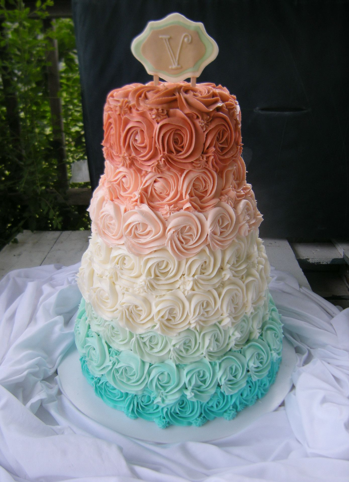 Aqua Wedding Cakes
 hombre rosette wedding cake aqua teal coral pink orange
