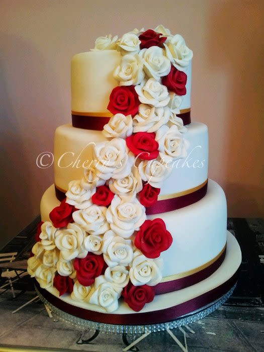 Burgundy And White Wedding Cake
 Burgundy & White Rose Cascade Wedding Cake Cake by