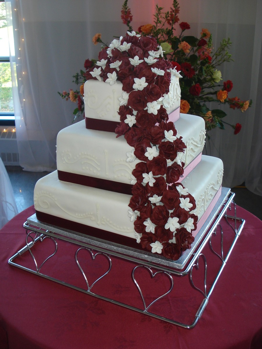 Burgundy Wedding Cakes
 Three Tier Square Wedding Cake With Burgundy Roses
