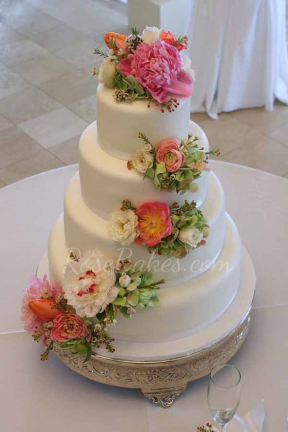 Cascading Wedding Cakes
 White Wedding Cake with Cascading Fresh Flowers Rose Bakes