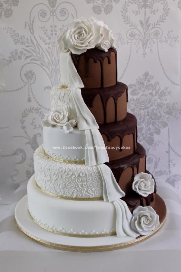 Chocolate And White Wedding Cakes
 Dripping chocolate wedding cake half and half cake by