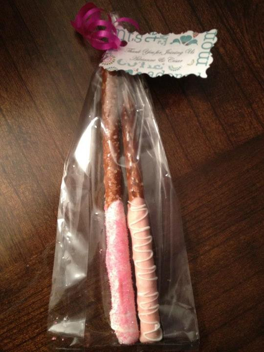 Chocolate Covered Pretzels Wedding Favor
 pink chocolate covered pretzels my MOH made for our bridal