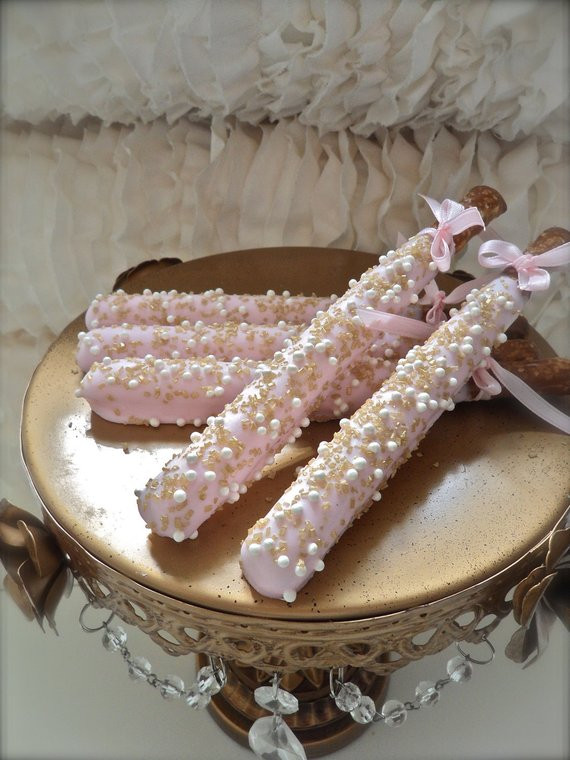 Chocolate Covered Pretzels Wedding Favor
 Pink and Gold edible wedding favor Chocolate Dipped Pretzel