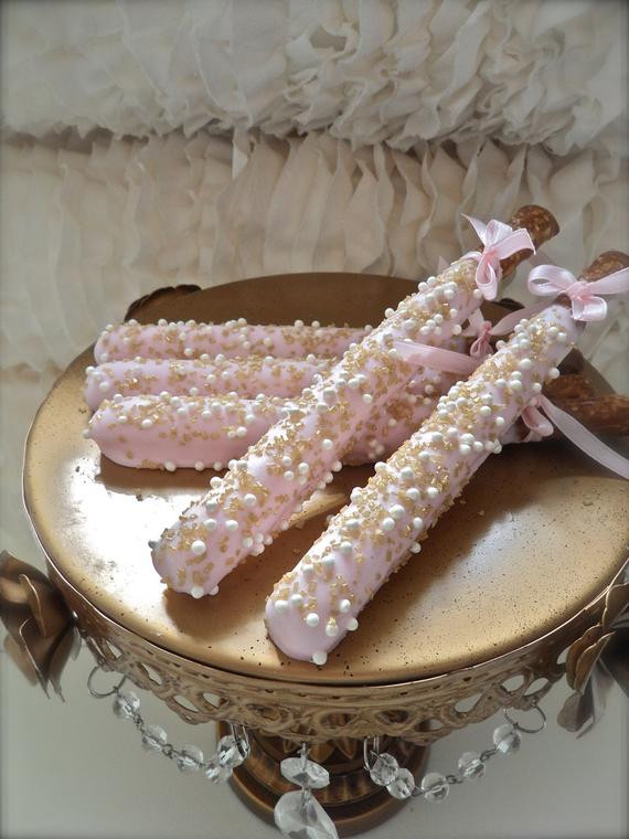 Chocolate Covered Pretzels Wedding Favors
 Pink and Gold edible wedding favor Chocolate Dipped Pretzel