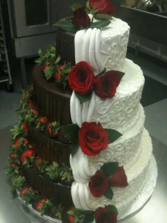 Chocolate Frosted Wedding Cakes
 Half chocolate & strawberries half white frosting and