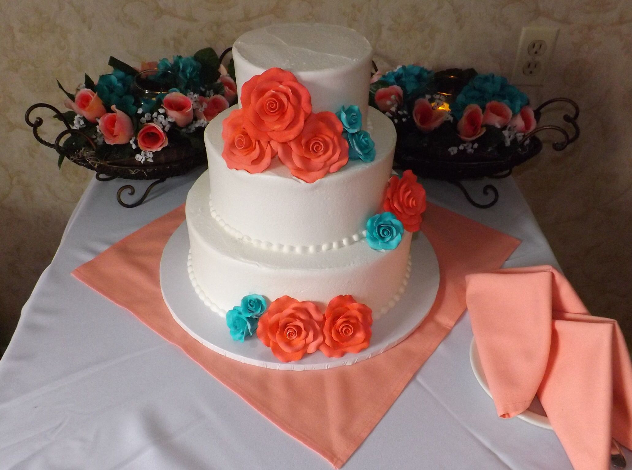 Coral And Teal Wedding Cakes
 Coral and teal wedding cake