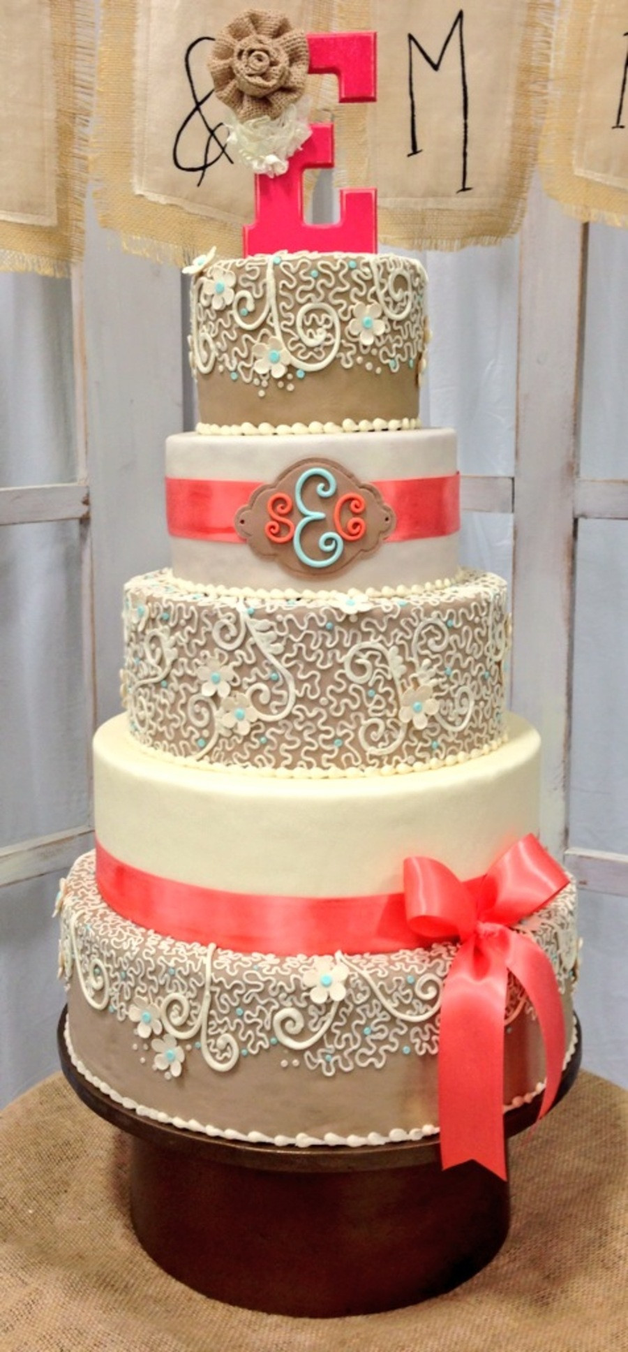 Coral Wedding Cakes
 Burlap And Coral Wedding Cake CakeCentral