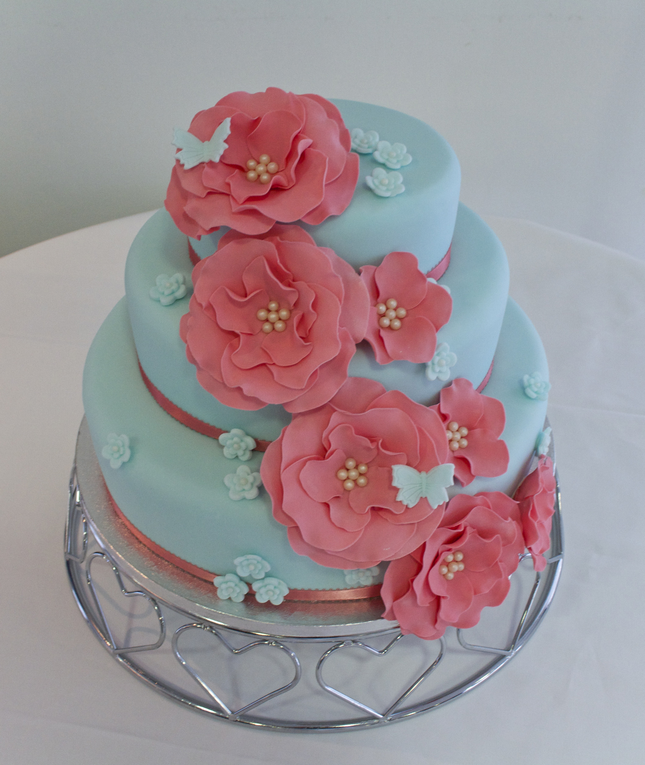 Coral Wedding Cakes
 Duck egg blue and coral wedding cake