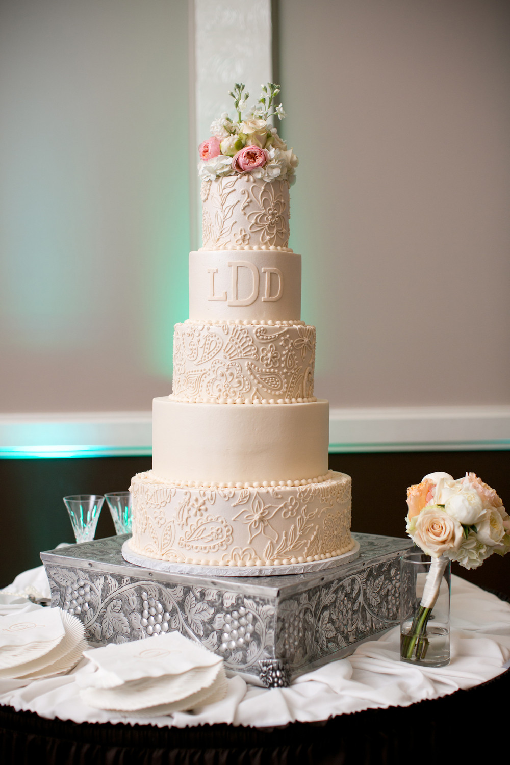 Custom Wedding Cakes
 custom wedding cake blush lace detail monogram