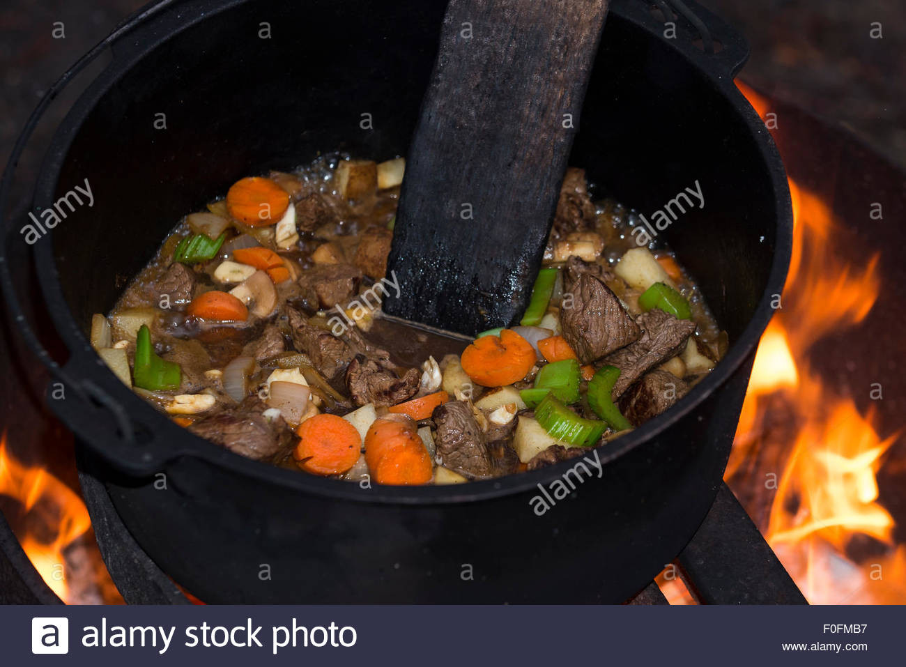 Dutch Oven Beef Stew Camping
 Beef stew cooking in a cast iron dutch oven over an open