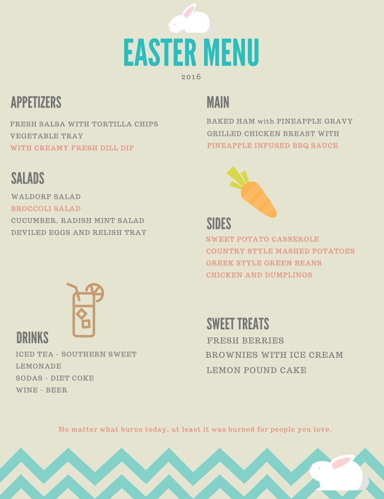 Easter Dinners Menu
 Easter Menu Printable and My Non Traditional Easter Dinner