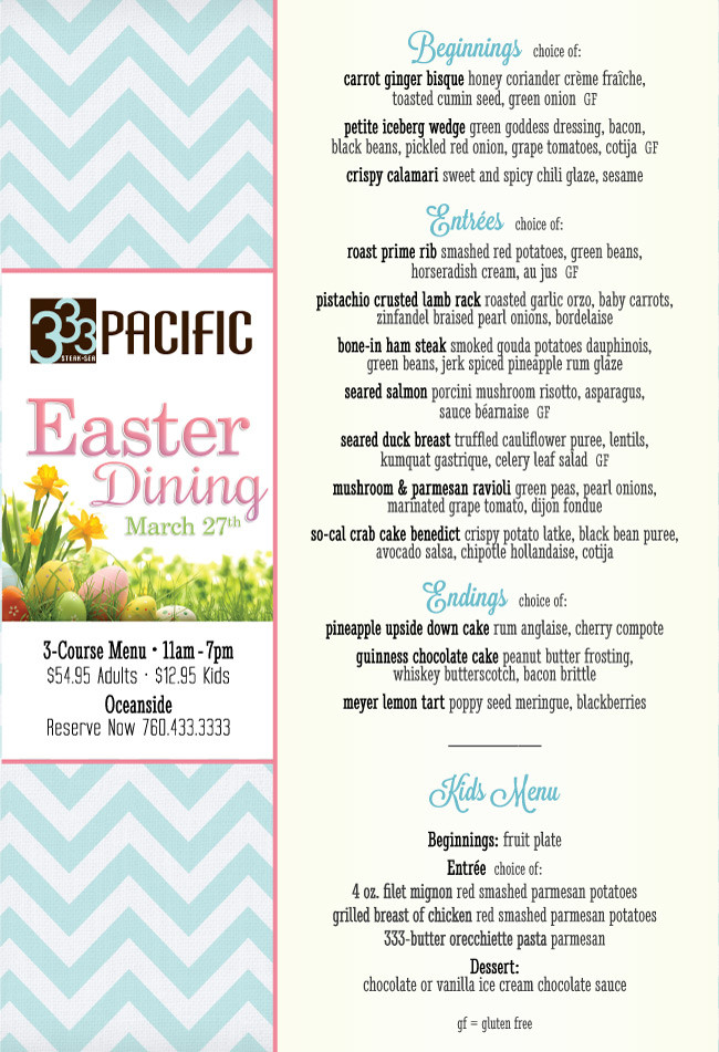 Easter Lamb Menu
 3 Course Easter Menu at 333 Pacific Cohn Restaurant Group