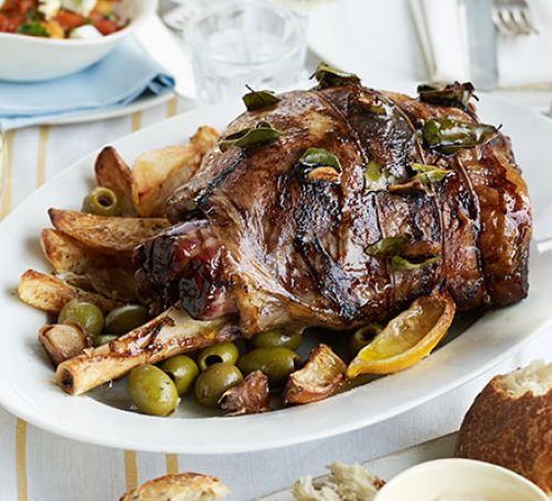 Easter Roast Lamb
 Slow cooked Greek Easter lamb with lemons olives & bay