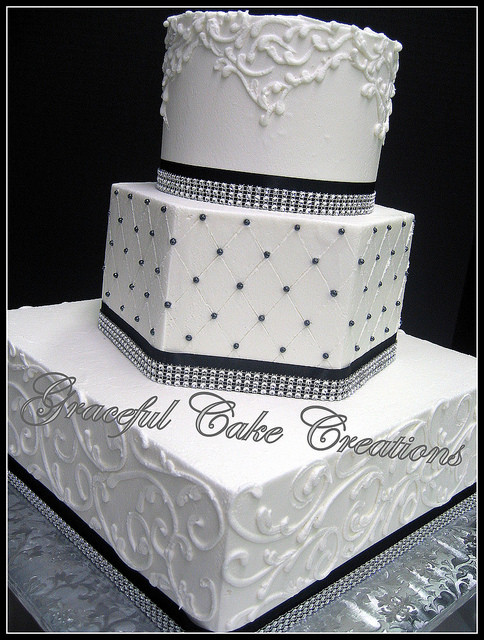 Elegant Wedding Cakes With Bling
 Elegant White Wedding Cake with Black Ribbon and Bling