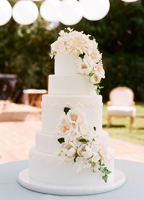 Elegant White Wedding Cakes
 Elegant 5 tier wedding cake decorated with sugar flowers