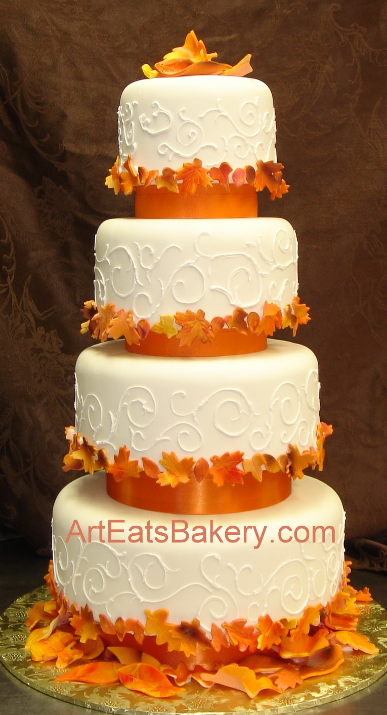 Fall Wedding Cakes Pictures
 Four tier custom designed fall leaves wedding cake with