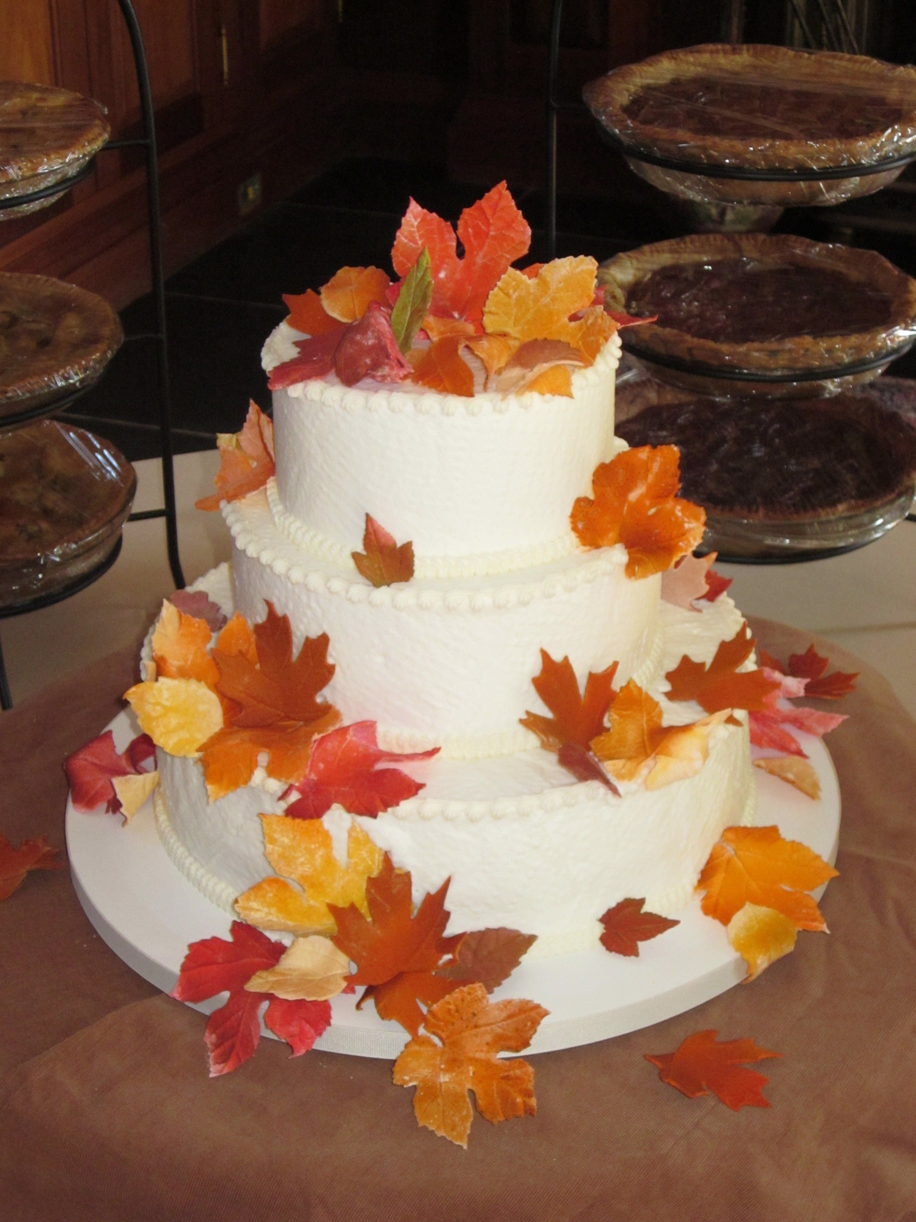 Fall Wedding Cakes With Leaves
 Fondant fall leaves adorn this simple wedding cake in
