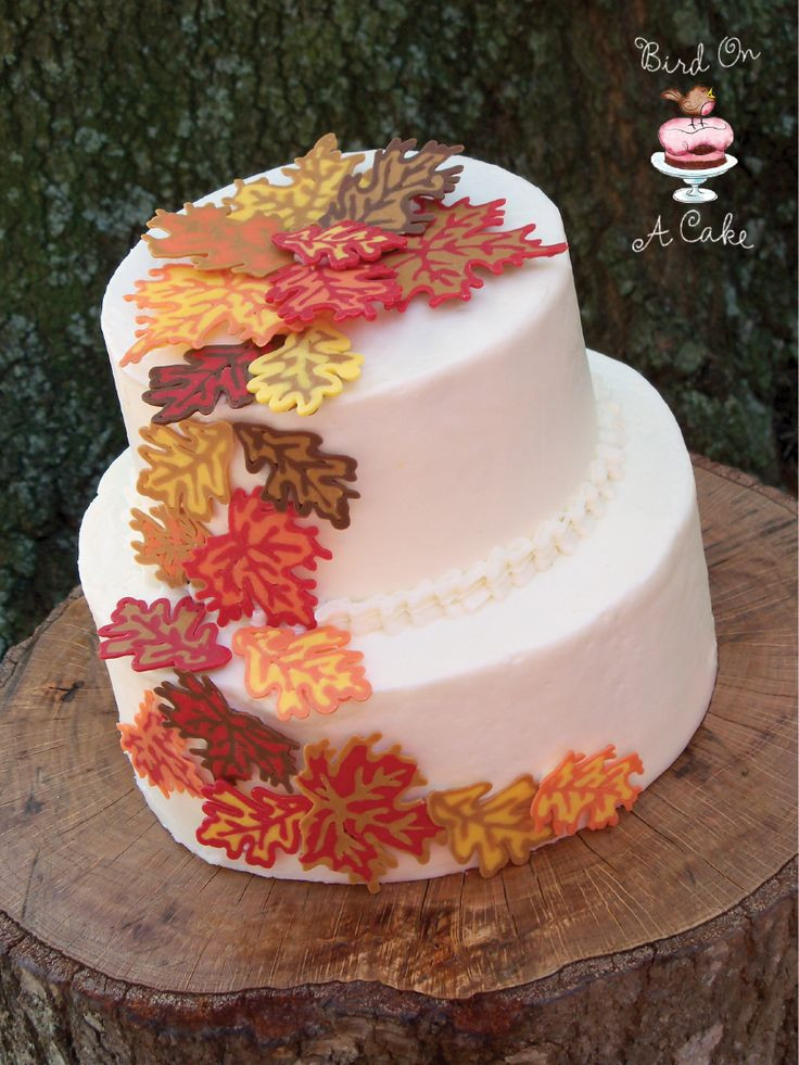 Fall Wedding Cakes With Leaves
 Candy Melt leaves made on wax paper and used to decorate a