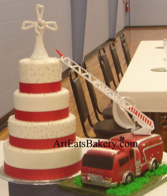 Fire Truck Wedding Cakes
 4 Tier white fondant wedding cake with silver pearls red