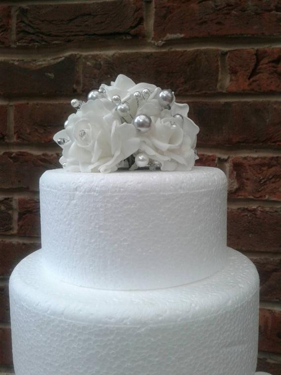 Foam Wedding Cakes
 White and silver foam rose cake topper Wedding cake topper