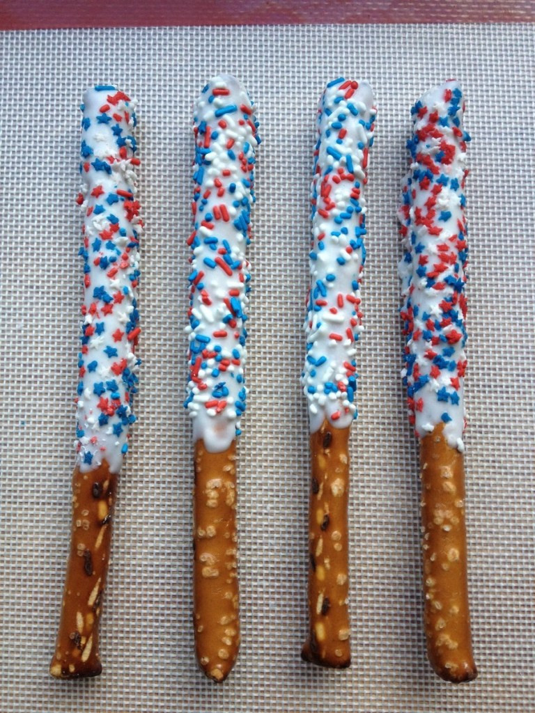 Fourth Of July Pretzels
 White Chocolate Dipped 4th of July Pretzel Rods