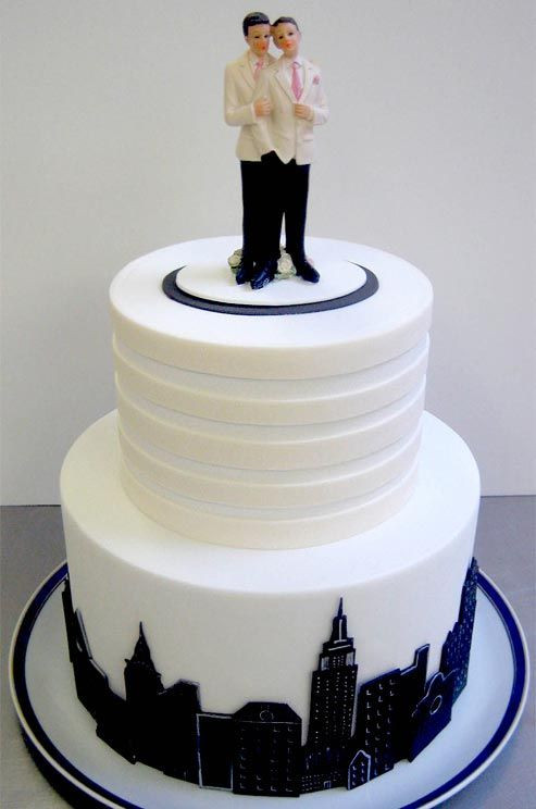 Gay Wedding Cakes Pictures
 A hand painted fondant skyline and white on white stripes