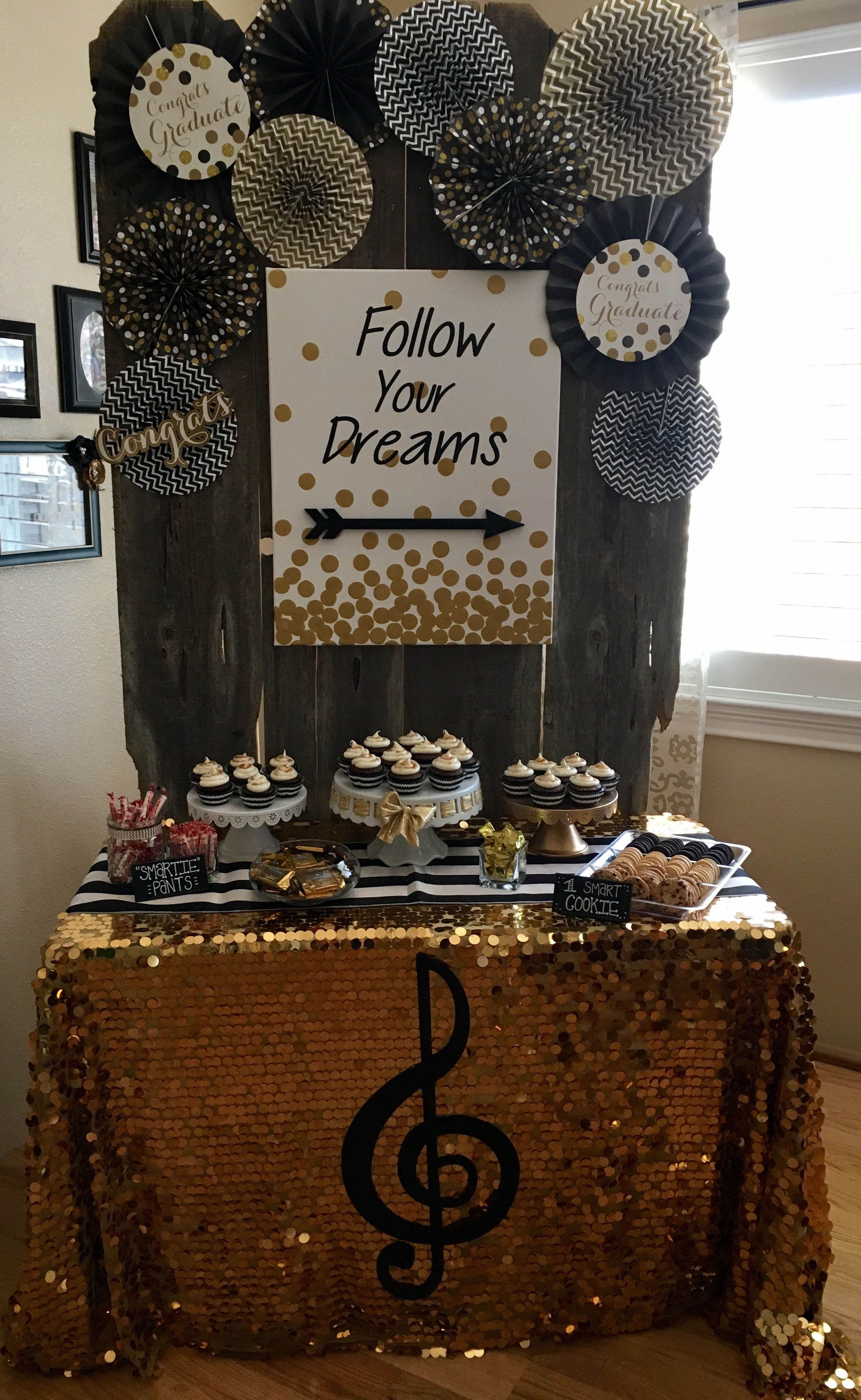 Graduation Dessert Table Ideas
 graduation backdrop • black and gold • graduation party