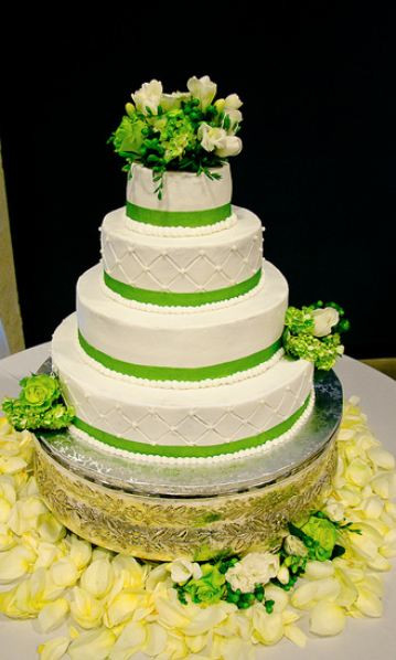 Green And White Wedding Cake
 Four tier round white wedding cake with green bands and