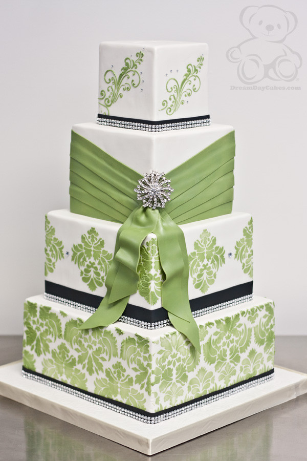 Green And White Wedding Cake
 Lime Green Damask Wedding Cake