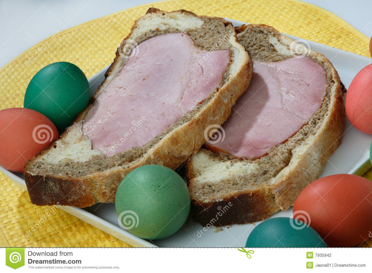 Ham On Easter
 Easter Ham Bread With Colored Eggs Stock graphy