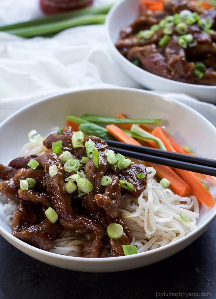 Healthy Beef Dinners
 Honey Sriracha Mongolian Beef with Rice Noodles