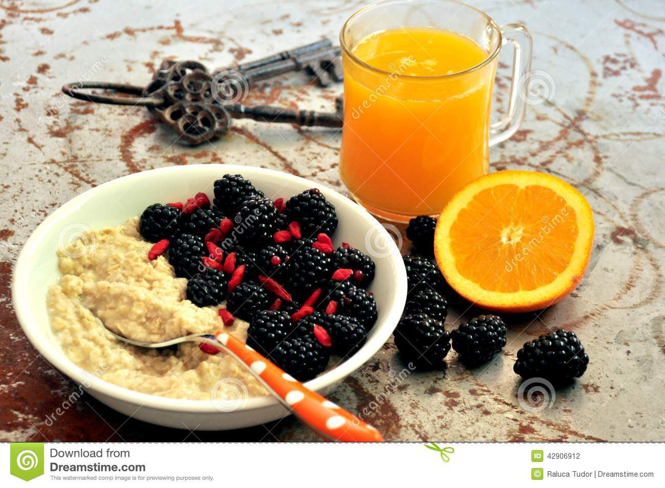 Healthy Breakfast Juices
 Breakfast With Blackberries goji Seeds And Orange Juice