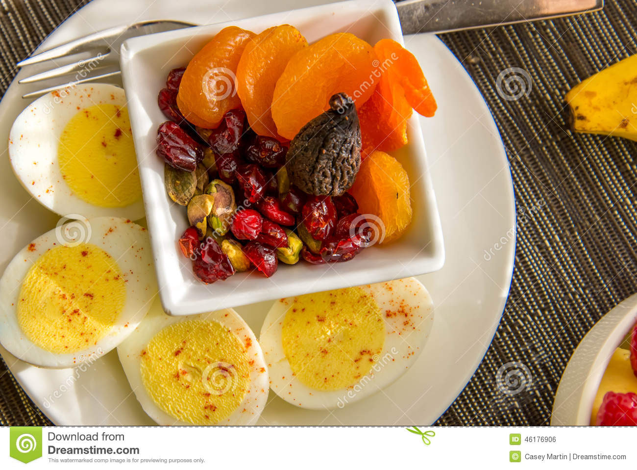 Healthy Breakfast With Hard Boiled Eggs
 Sliced Hard Boiled Eggs And Fruit Nutricious Breakfast