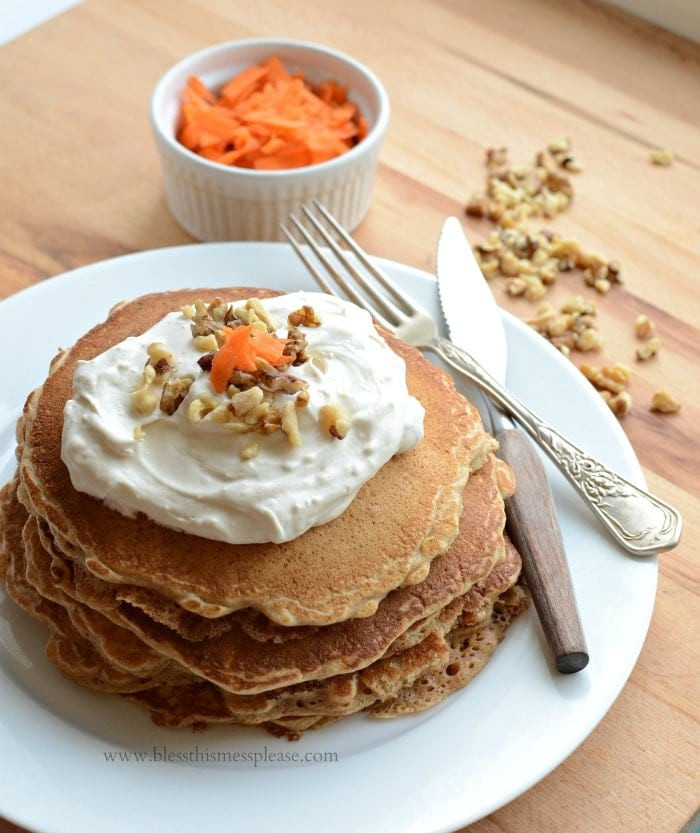 Healthy Carrot Cake Pancakes
 Whole Grain Carrot Cake Pancakes with Maple Topping