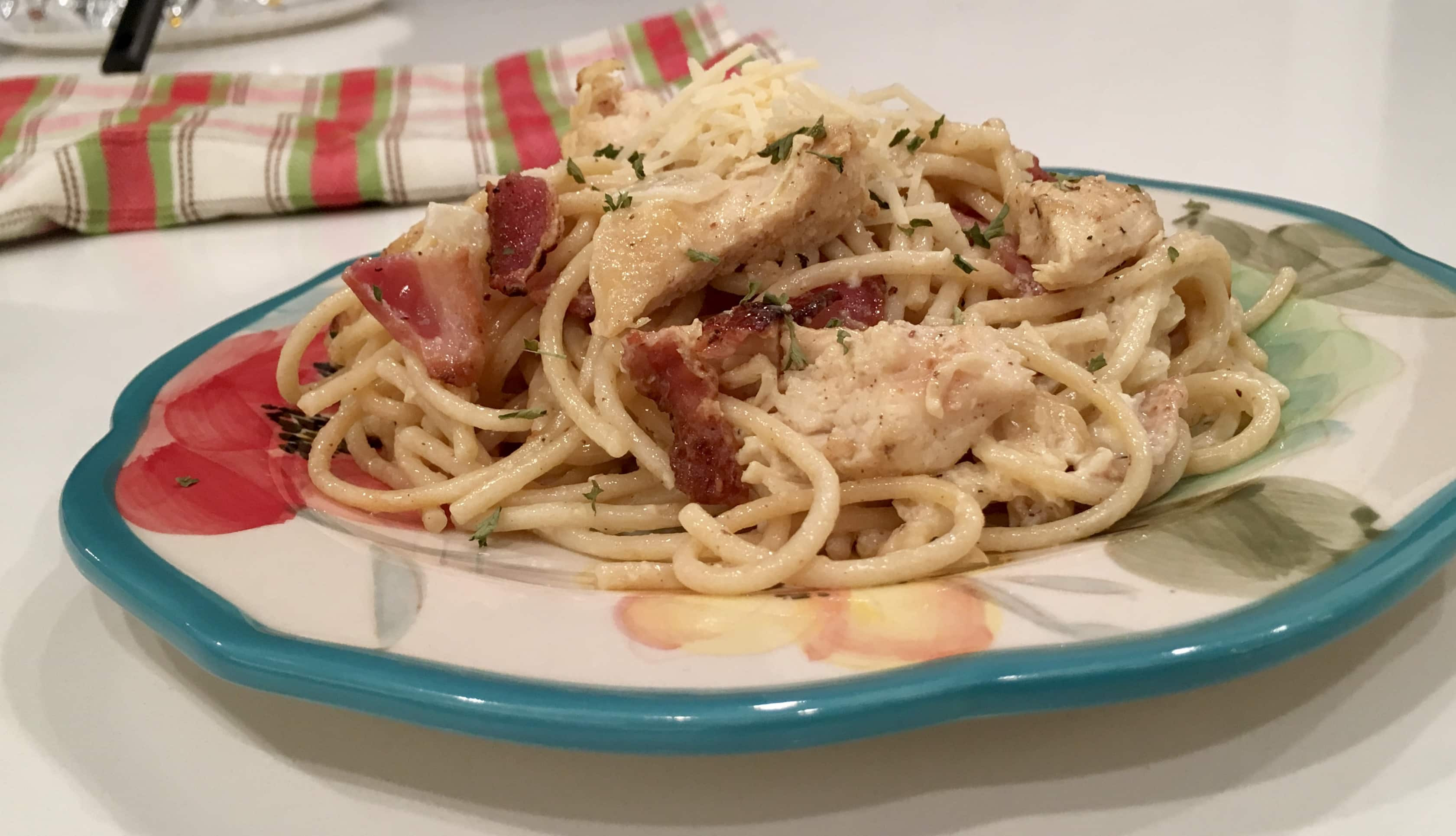 Healthy Chicken Spaghetti
 Delicious Creamy but Healthy Chicken Bacon Pasta