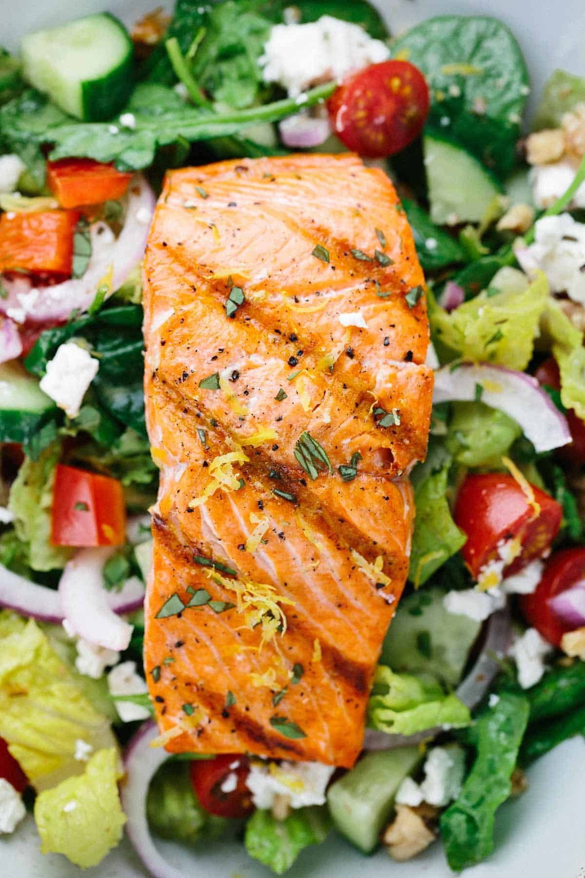 Healthy Grilled Salmon Salad Recipe
 Grilled Salmon Greek Salad with Lemon Basil Dressing