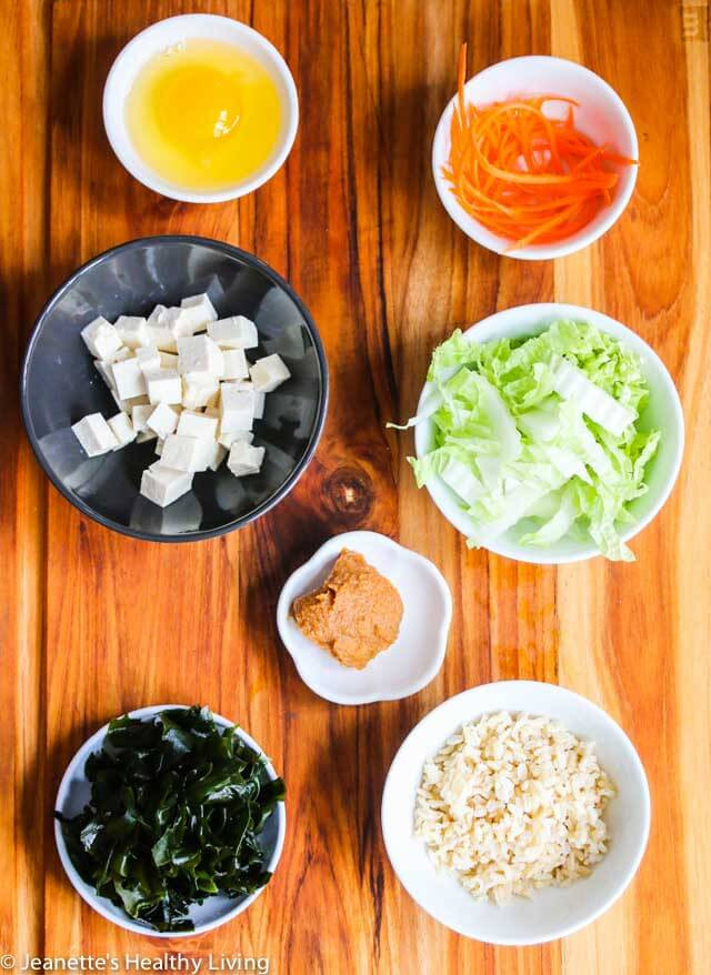 Healthy Japanese Breakfast
 Miso Soup with Tofu Wakame Seaweed Rice and Egg