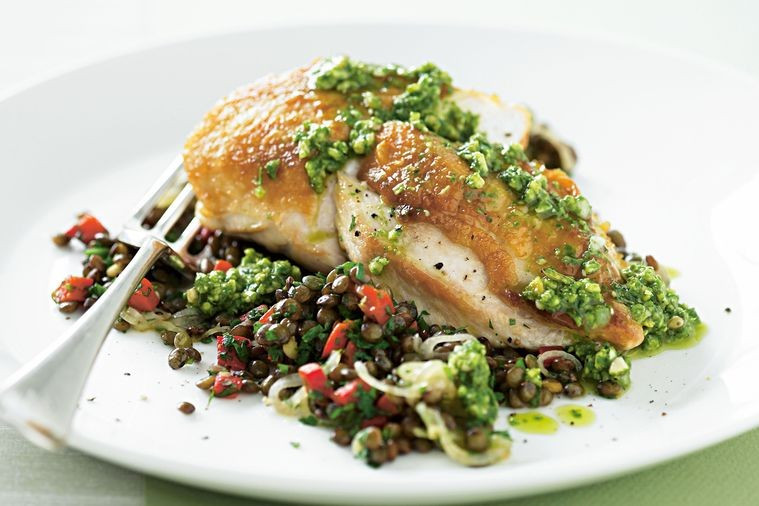 Healthy Pan Fried Chicken
 Pan fried chicken on lentils with pesto Recipes