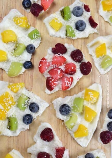 Healthy Premade Snacks
 Rainbow Fruity Frozen Yogurt Bark Recipe