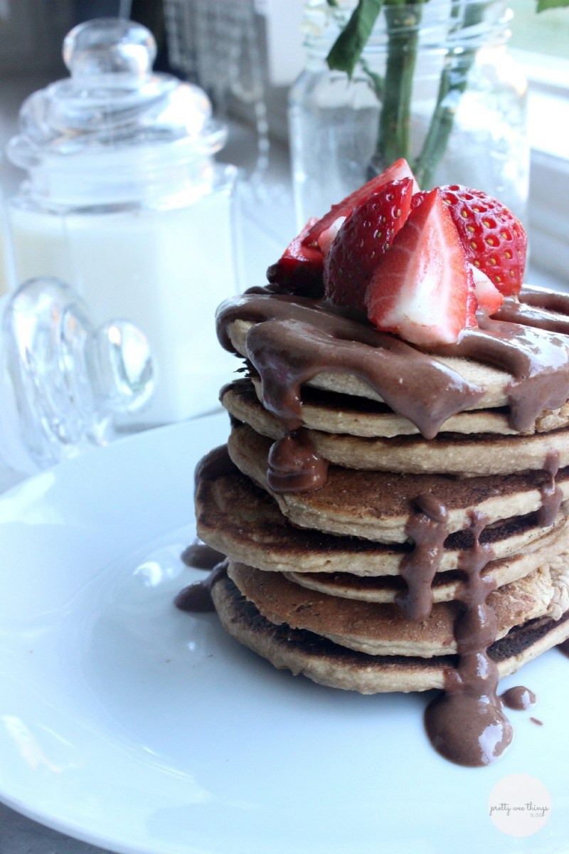 Healthy Protein Pancakes
 Healthy protein pancake stack with chocolate PB sauce